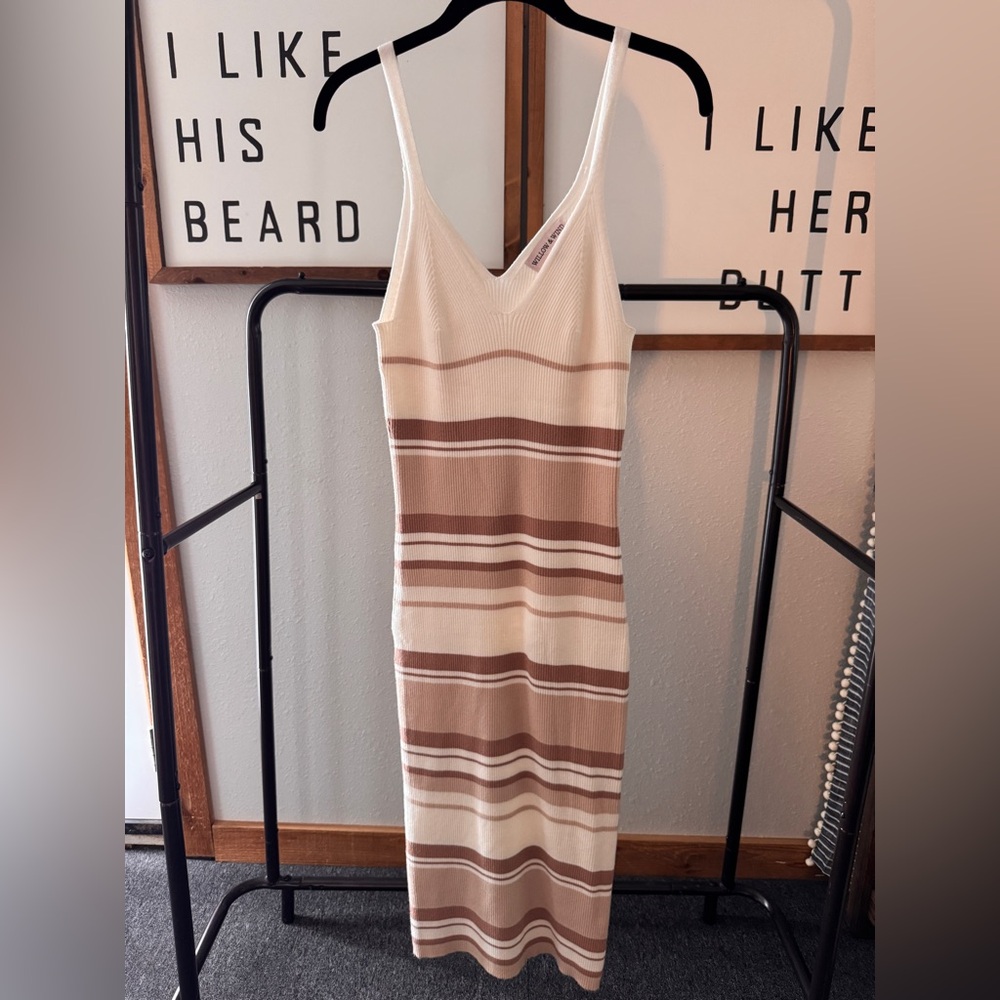 Elegant Striped Midi Dress in Cream and Brown
